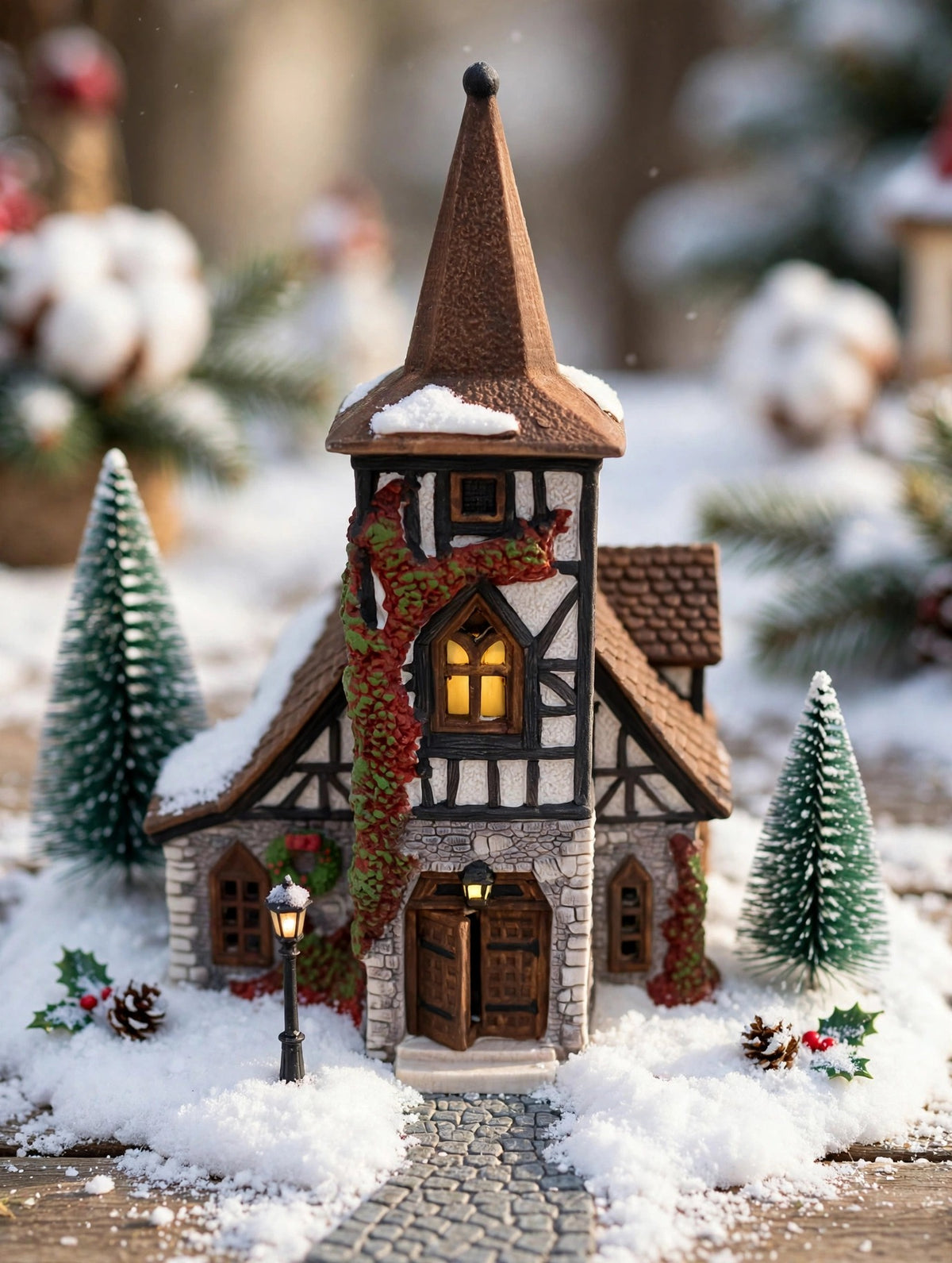 Department 56 Dickens' Village Old Michaelchurch 1992 lighted porcelain church — styled scene: tabletop village with bottle-brush trees and lamppost (display inspiration)