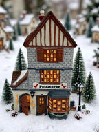 Department 56 Dickens' Village Poulterer 1988 lighted porcelain poultry shop — styled scene: tabletop village with bottle-brush trees and lamppost (display inspiration)