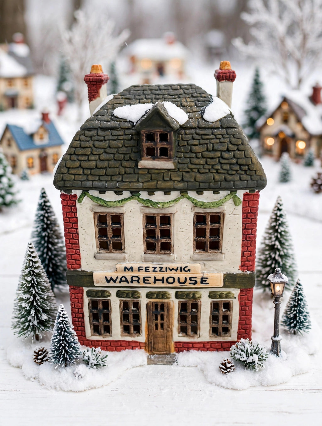 Department 56 M. Fezziwig Warehouse, Dickens' Village, 1986 – shown in a snowy miniature village display with tiny pine trees (styled display inspiration)