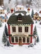 Department 56 M. Fezziwig Warehouse, Dickens' Village, 1986 – shown in a snowy miniature village display with tiny pine trees (styled display inspiration)