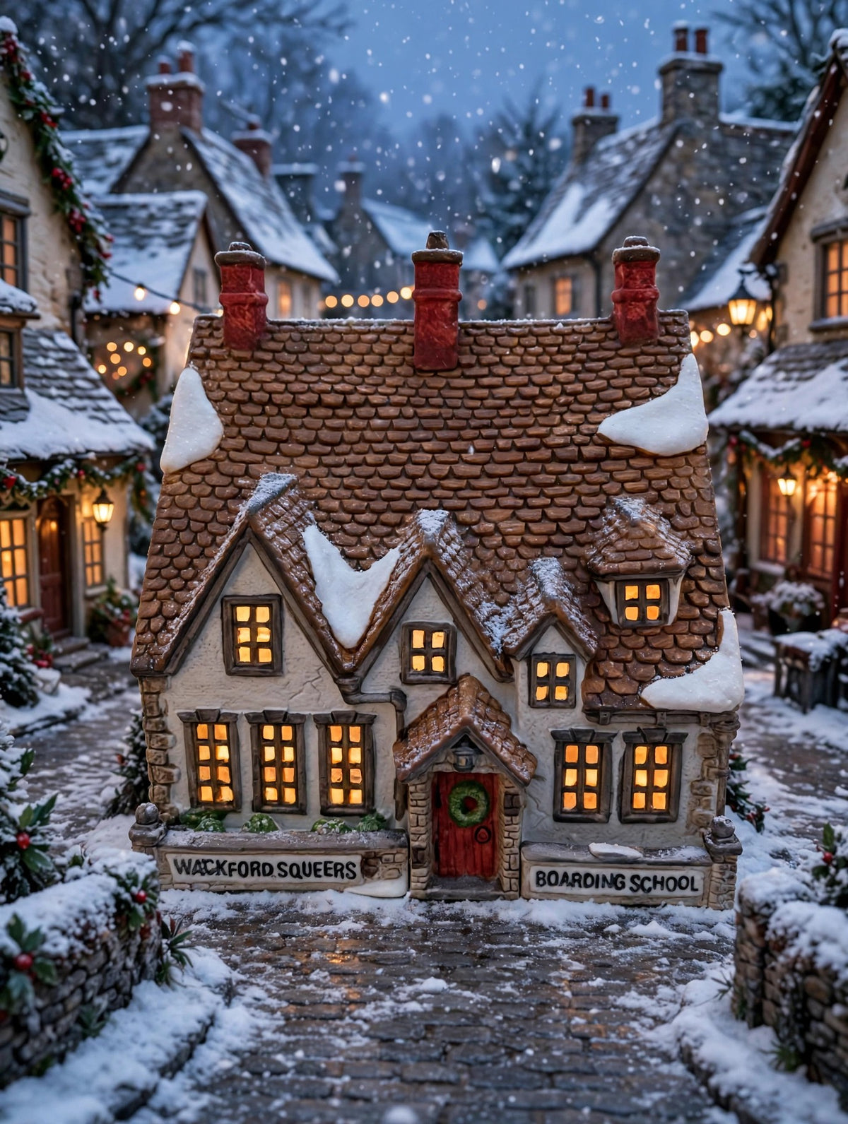 Styled display inspiration: Wackford Squeers Boarding School lit in a snowy Dickens village street at dusk (display inspiration)