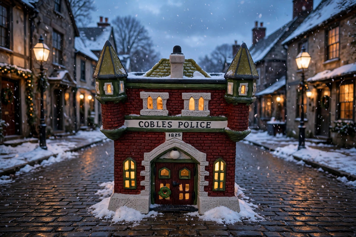 Styled display inspiration: Cobles Police Station lit on a snowy Dickens village street at dusk (display inspiration)