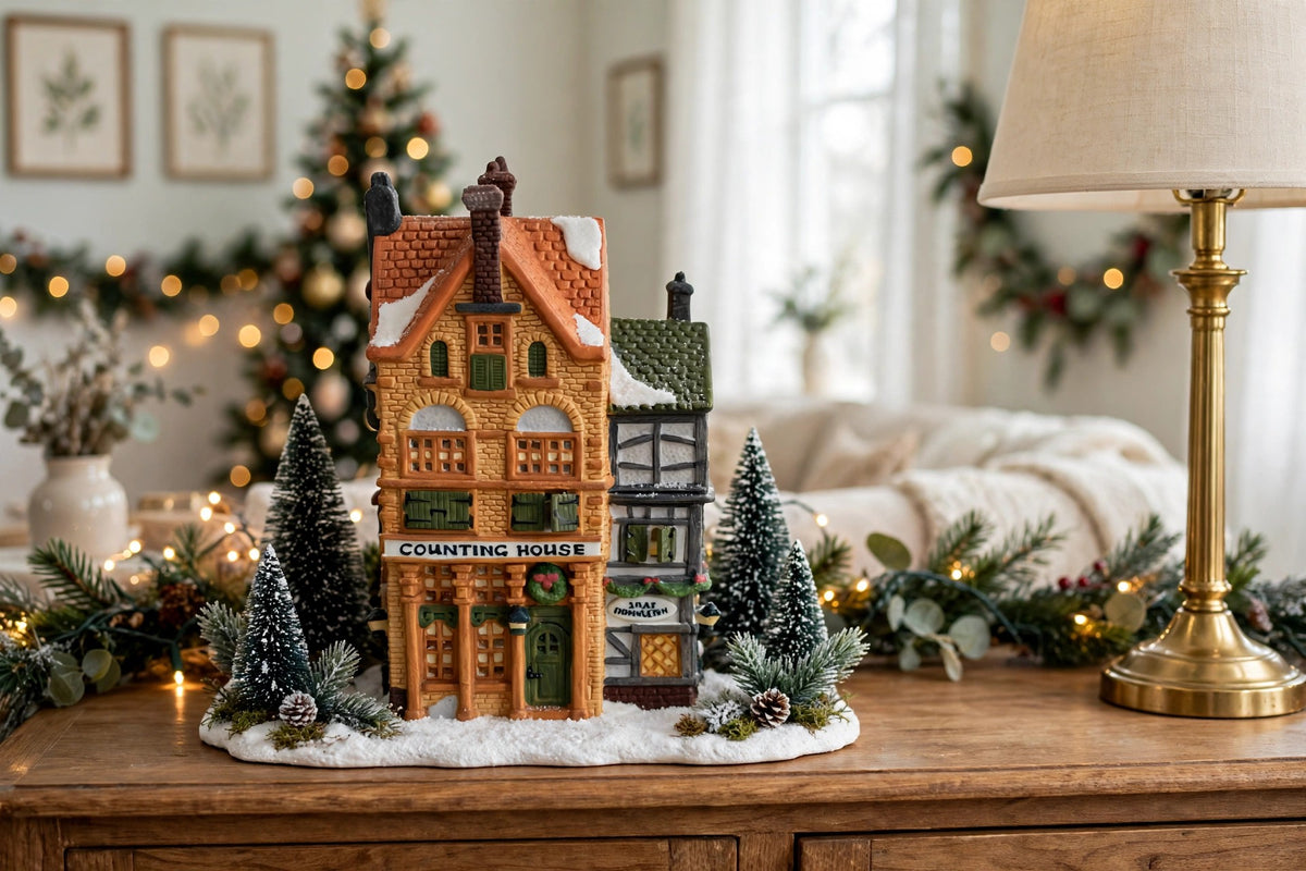 Silas Thimbleton Barrister Counting House in a styled Christmas village display (display inspiration; only the building is included)