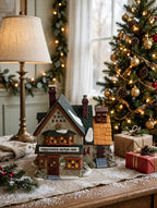 Giggelswick Mutton & Ham in a styled Christmas village table display with decorated tree and wrapped gifts (display inspiration; only the building is included)
