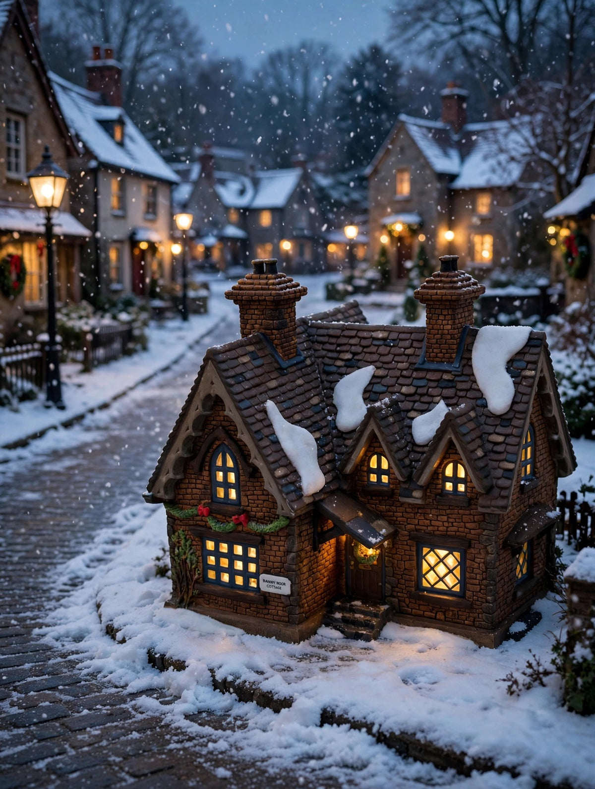 Barmby Moor Cottage in a styled Christmas village street display (display inspiration; only the cottage is included)