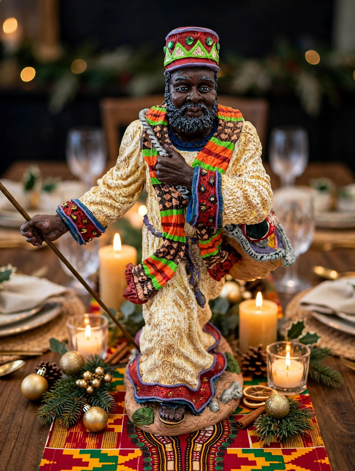 Styled display inspiration — the African American Santa as a candlelit Christmas table centerpiece on an African-print runner, shown at true 12-inch scale