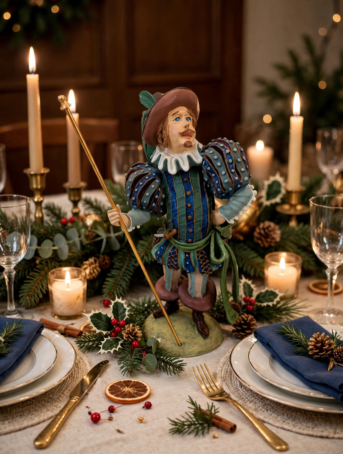 Lord of Misrule as a festive Christmas dining table centerpiece with candles and greenery - display inspiration