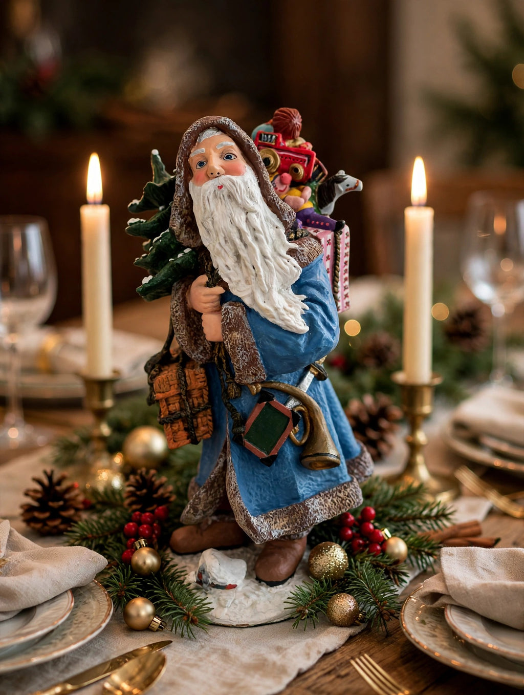 Winter Santa styled as a Christmas dining table centerpiece with candles, greenery and ornaments — display inspiration