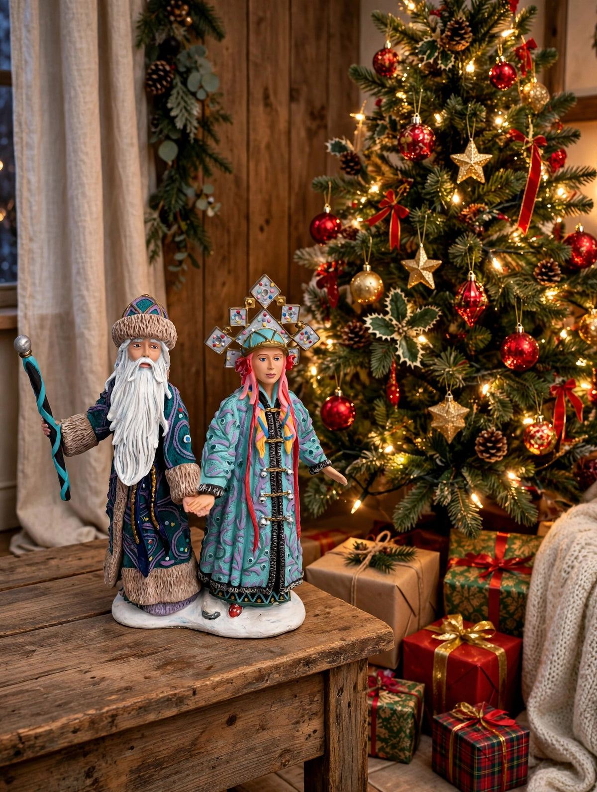 Grandfather Frost & Snowmaiden displayed on a side table beside a lit Christmas tree with gifts - display inspiration