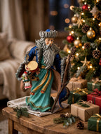 Mongolian Santa displayed on a side table beside a lit Christmas tree with gifts (styled display inspiration)