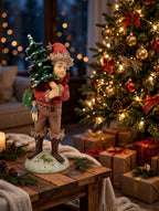 The Pixie displayed on a side table beside a lit Christmas tree with gifts (styled display inspiration)
