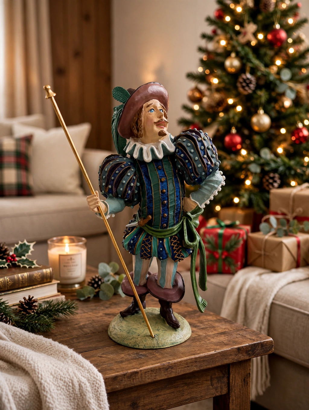 Lord of Misrule displayed on a side table beside a lit Christmas tree with gifts - display inspiration