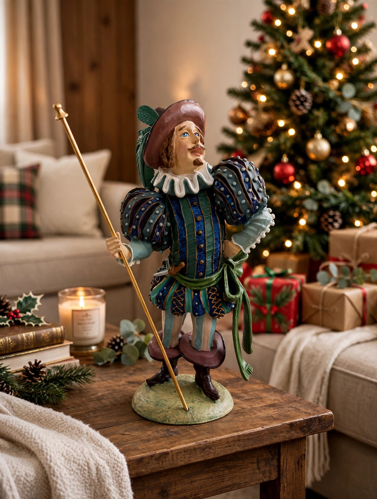 Lord of Misrule displayed on a side table beside a lit Christmas tree with gifts - display inspiration