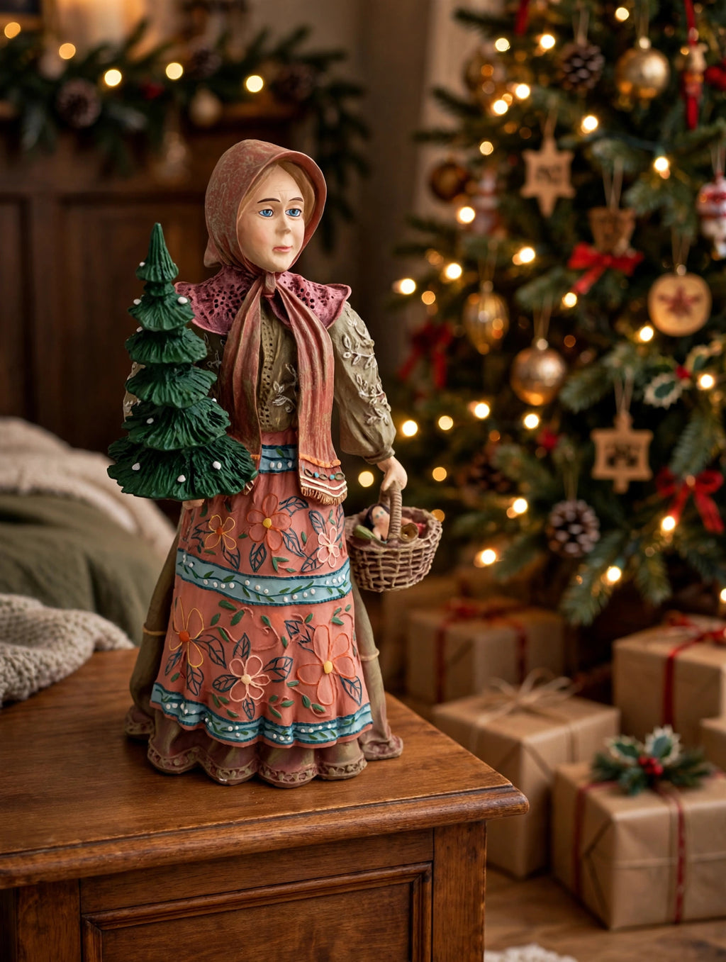 Babouska displayed on a side table beside a lit Christmas tree with gifts (styled display inspiration)