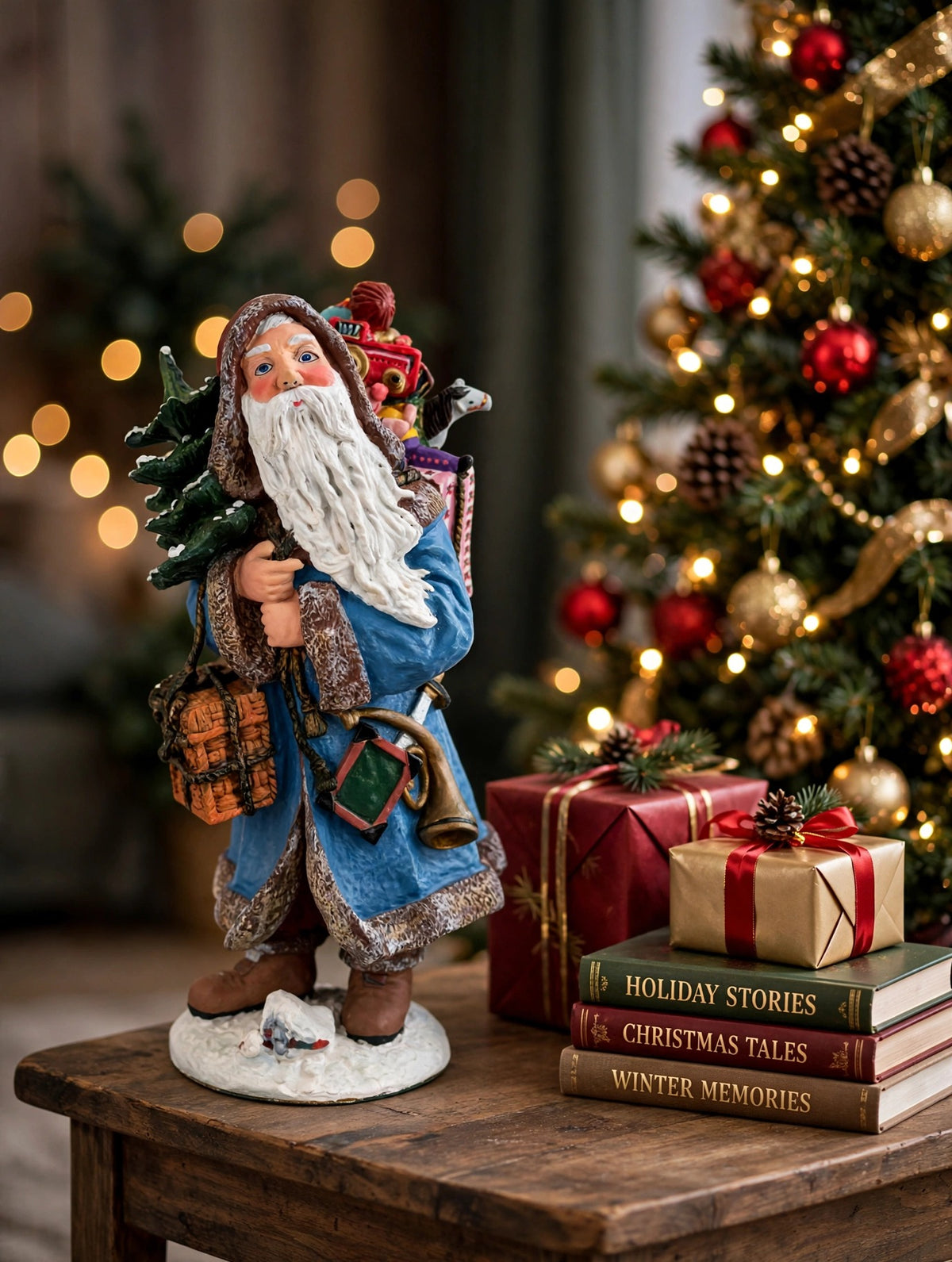 Winter Santa styled on a side table beside a lit Christmas tree with wrapped gifts — display inspiration