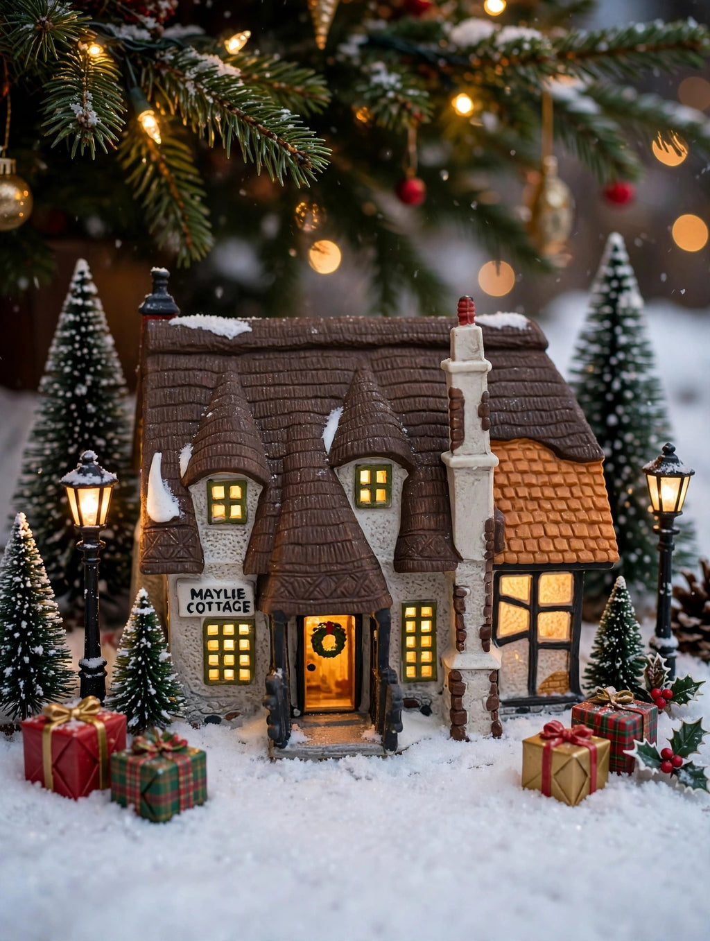 Department 56 Dickens' Village Maylie Cottage #5553-0, Oliver Twist — styled scene: lit under a Christmas tree with miniature lamp posts and gifts (display inspiration)