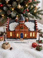 Hawthorne The Town Offices Norman Rockwell Christmas in Stockbridge 1993 — styled scene: lit under a Christmas tree with miniature lamp posts and gifts (display inspiration)