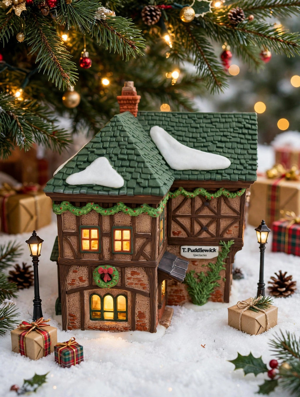 Department 56 Dickens' Village T. Puddlewick Spectacle Shop #58334 — styled scene: lit under a Christmas tree with miniature lamp posts and gifts (display inspiration)