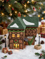 Department 56 Dickens' Village T. Puddlewick Spectacle Shop #58334 — styled scene: lit under a Christmas tree with miniature lamp posts and gifts (display inspiration)