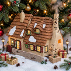 Department 56 Dickens' Village The Christmas Carol Cottage #58339 — styled scene generated from the reference photo: lit under a Christmas tree with lamp posts and gifts (display inspiration) — shown for visual interpretation only; not the actual item