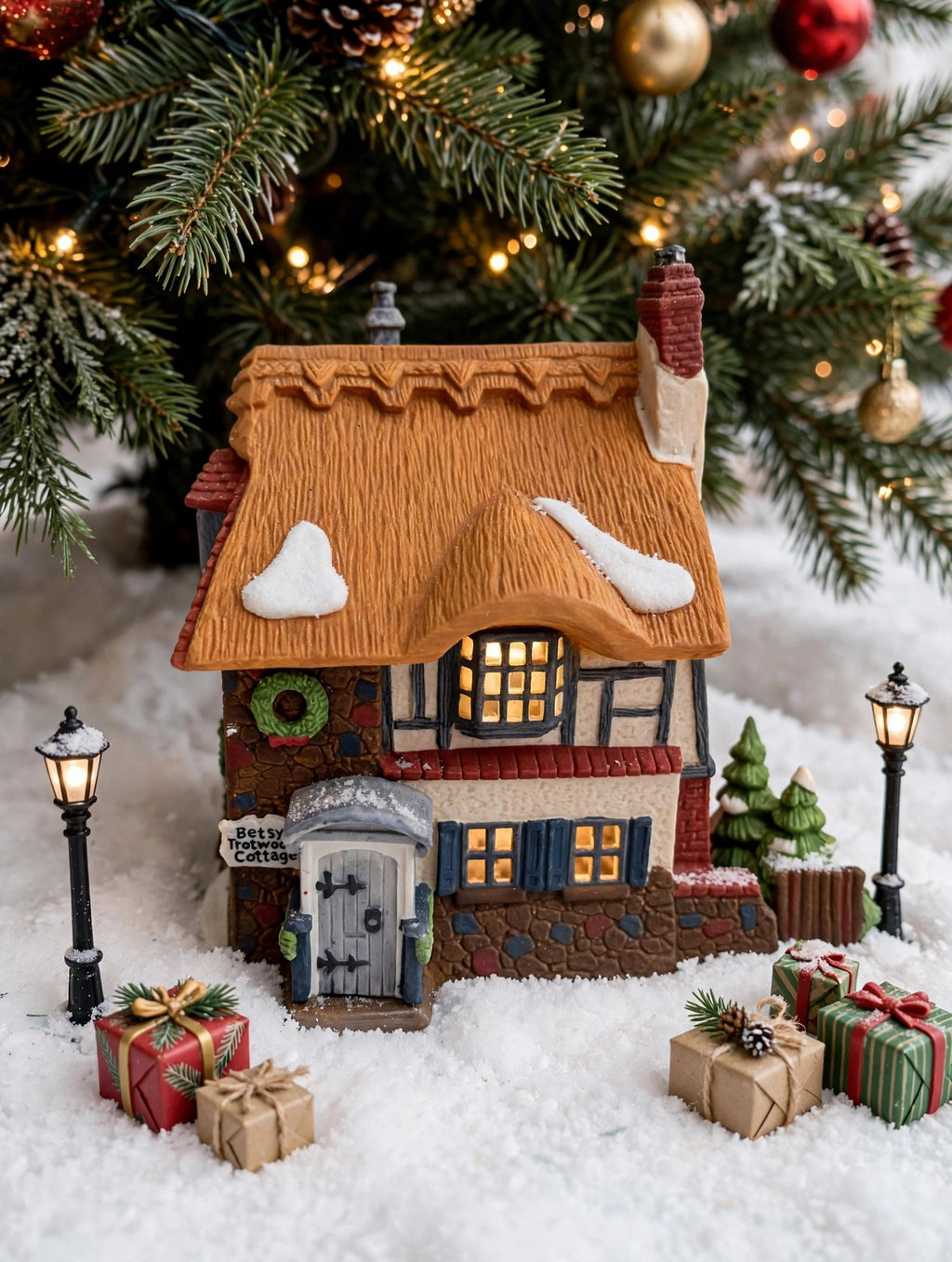 Department 56 Dickens' Village Betsy Trotwood's Cottage #5550-6, David Copperfield — styled scene: lit under a Christmas tree with miniature lamp posts and gifts (display inspiration)