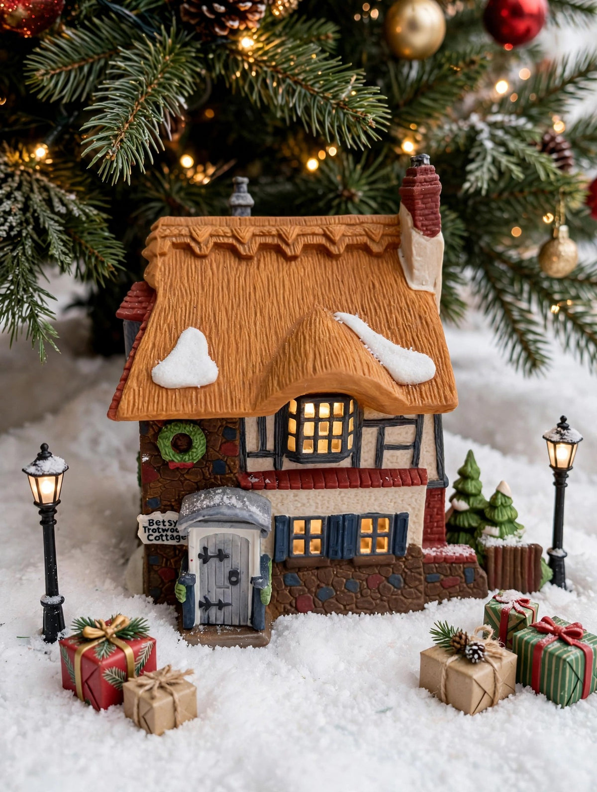 Department 56 Dickens' Village Betsy Trotwood's Cottage #5550-6, David Copperfield — styled scene: lit under a Christmas tree with miniature lamp posts and gifts (display inspiration)