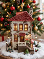 Department 56 Dickens' Village C. H. Watt Physician #5568-9 — styled scene: lit under a Christmas tree on a snow blanket with tiny lamp posts (display inspiration)