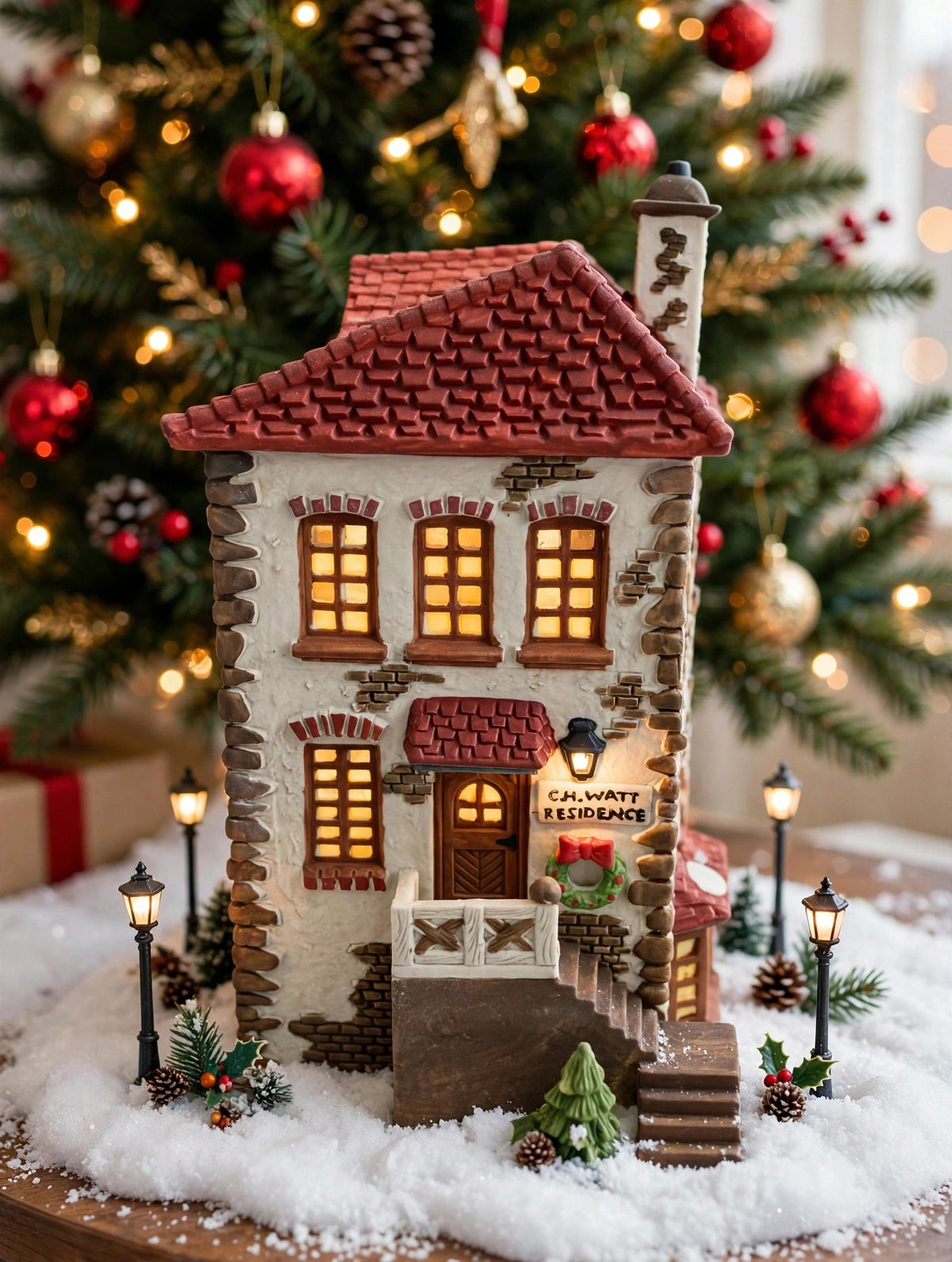 Department 56 Dickens' Village C. H. Watt Physician #5568-9 — styled scene: lit under a Christmas tree on a snow blanket with tiny lamp posts (display inspiration)