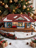 Department 56 New England Village Weston Train Station #5931-5 — styled scene: lit under a Christmas tree with a miniature train passing the platform (display inspiration)