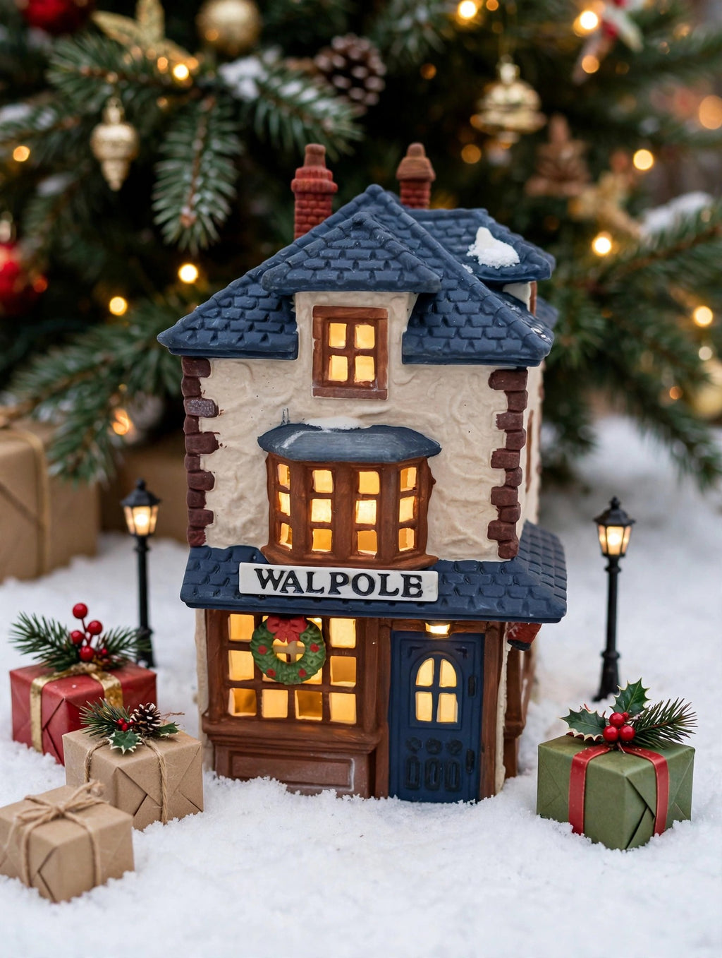 Department 56 Dickens' Village Walpole Tailors #5926-9 — styled scene: lit under a Christmas tree with miniature lamp posts and gifts (display inspiration)