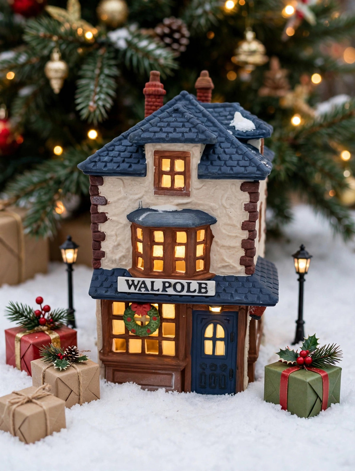Department 56 Dickens' Village Walpole Tailors #5926-9 — styled scene: lit under a Christmas tree with miniature lamp posts and gifts (display inspiration)