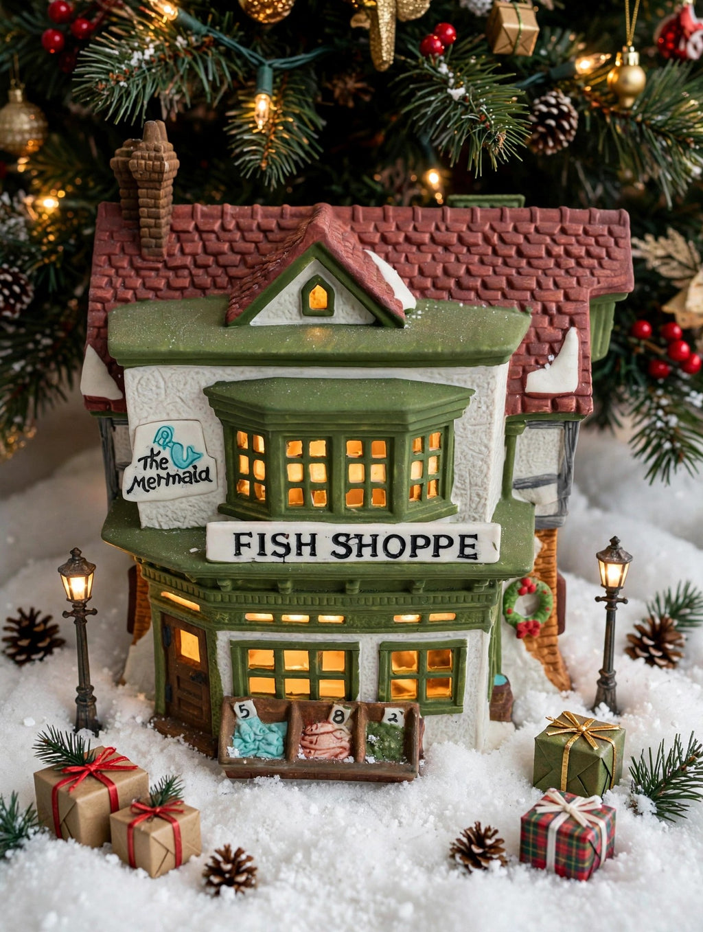 Department 56 Dickens' Village The Mermaid Fish Shoppe #5926-9 — styled scene: lit under a Christmas tree with miniature lamp posts and gifts (display inspiration)