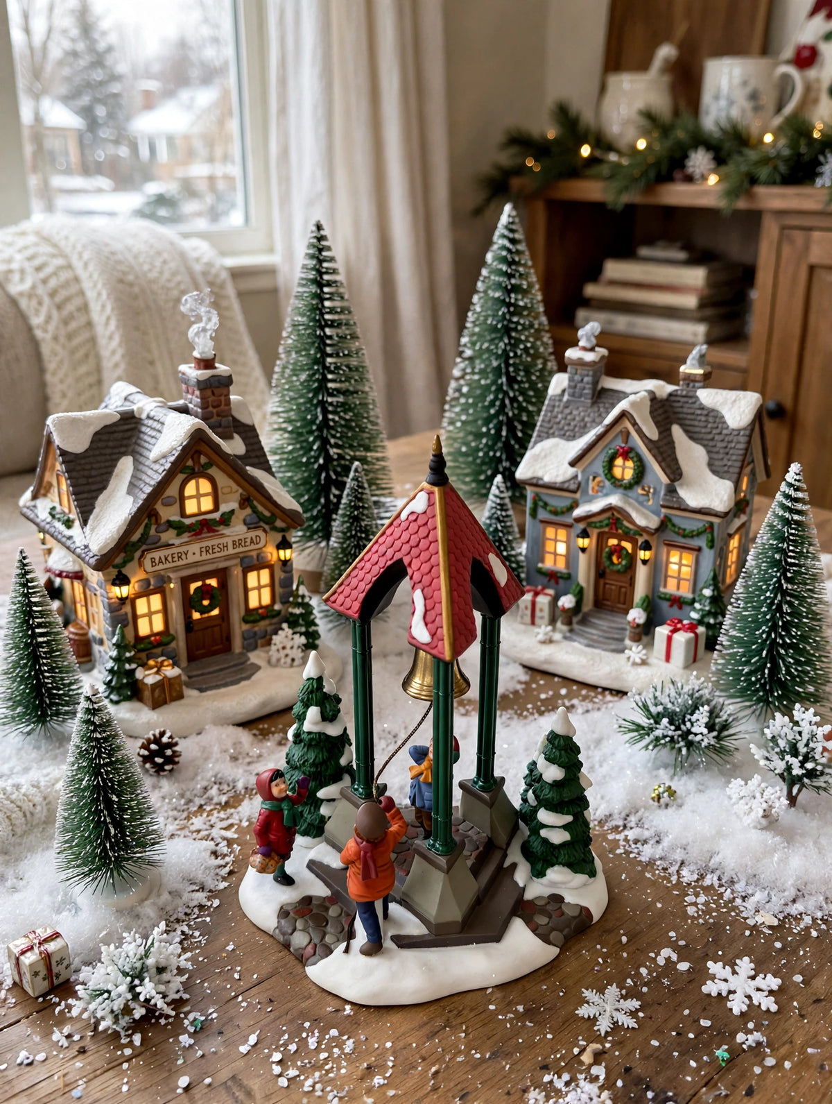 Department 56 Christmas Bells, 1996 Special Event Piece, Heritage Village Collection – shown in a snowy miniature village display with tiny houses and pine trees (styled display inspiration)