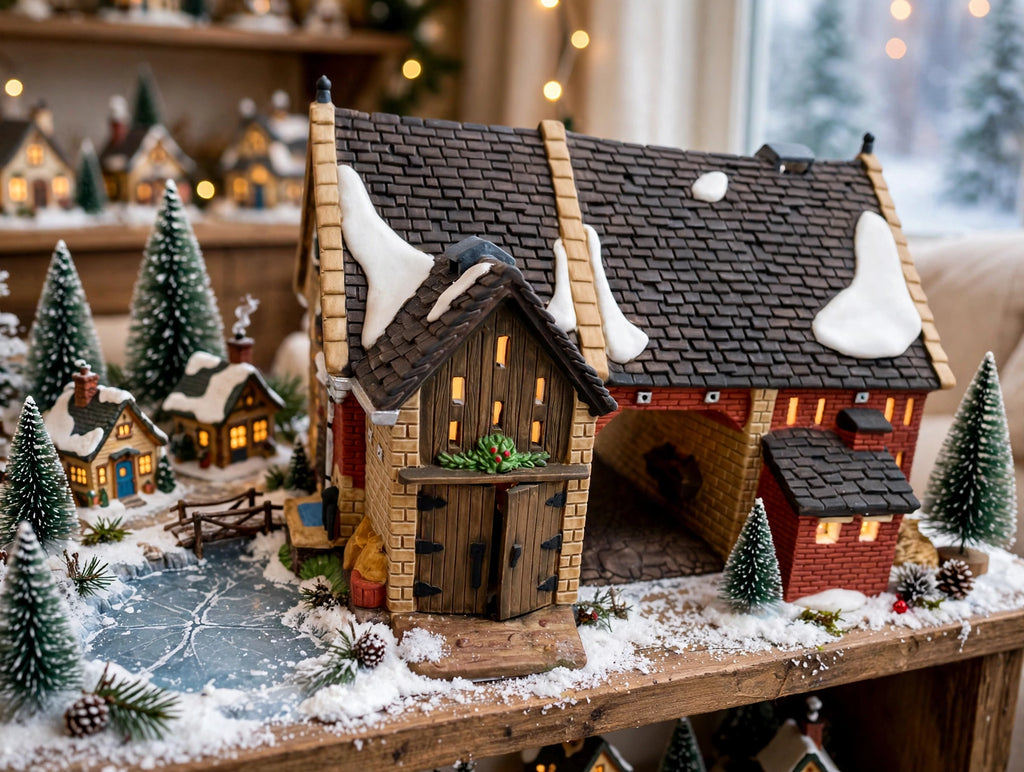 Department 56 Dickens' Village Butter Tub Barn #58338 – shown on a snowy Christmas village display shelf with tiny cottages and a frozen pond (styled display inspiration)