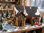 Department 56 Dickens' Village Butter Tub Barn #58338 – shown on a snowy Christmas village display shelf with tiny cottages and a frozen pond (styled display inspiration)