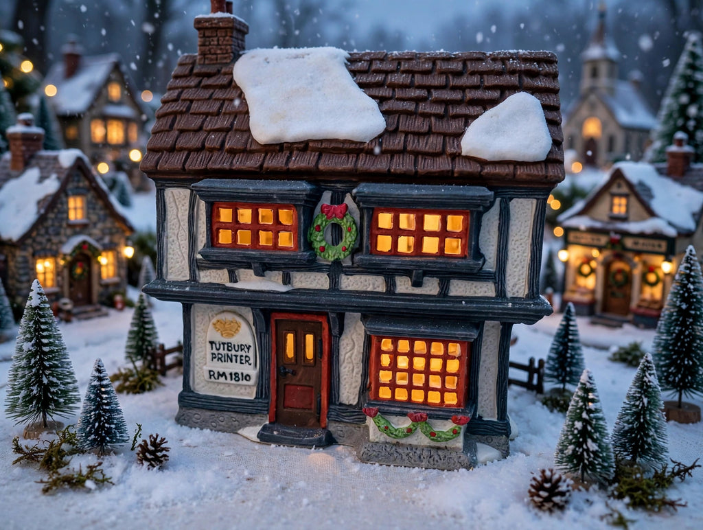 Department 56 Tutbury Printer, Dickens' Village, 1990 – shown in a Dickens-style village scene at dusk (styled display inspiration)