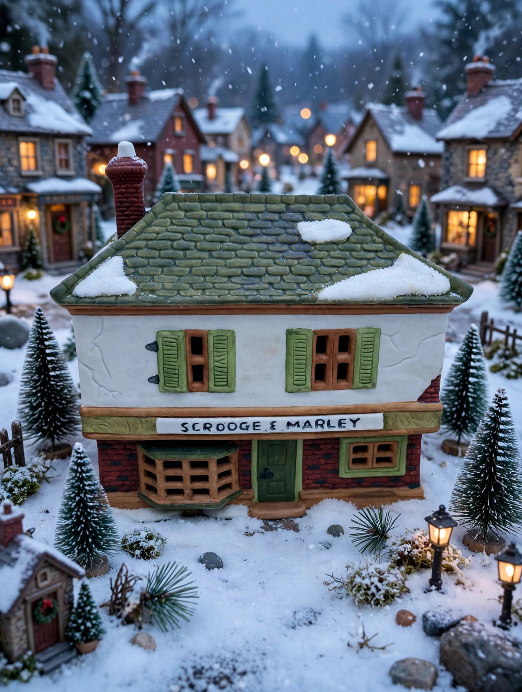Department 56 Scrooge & Marley Counting House, Dickens' Village, 1986 – shown in a Dickens-style village scene at dusk (styled display inspiration)