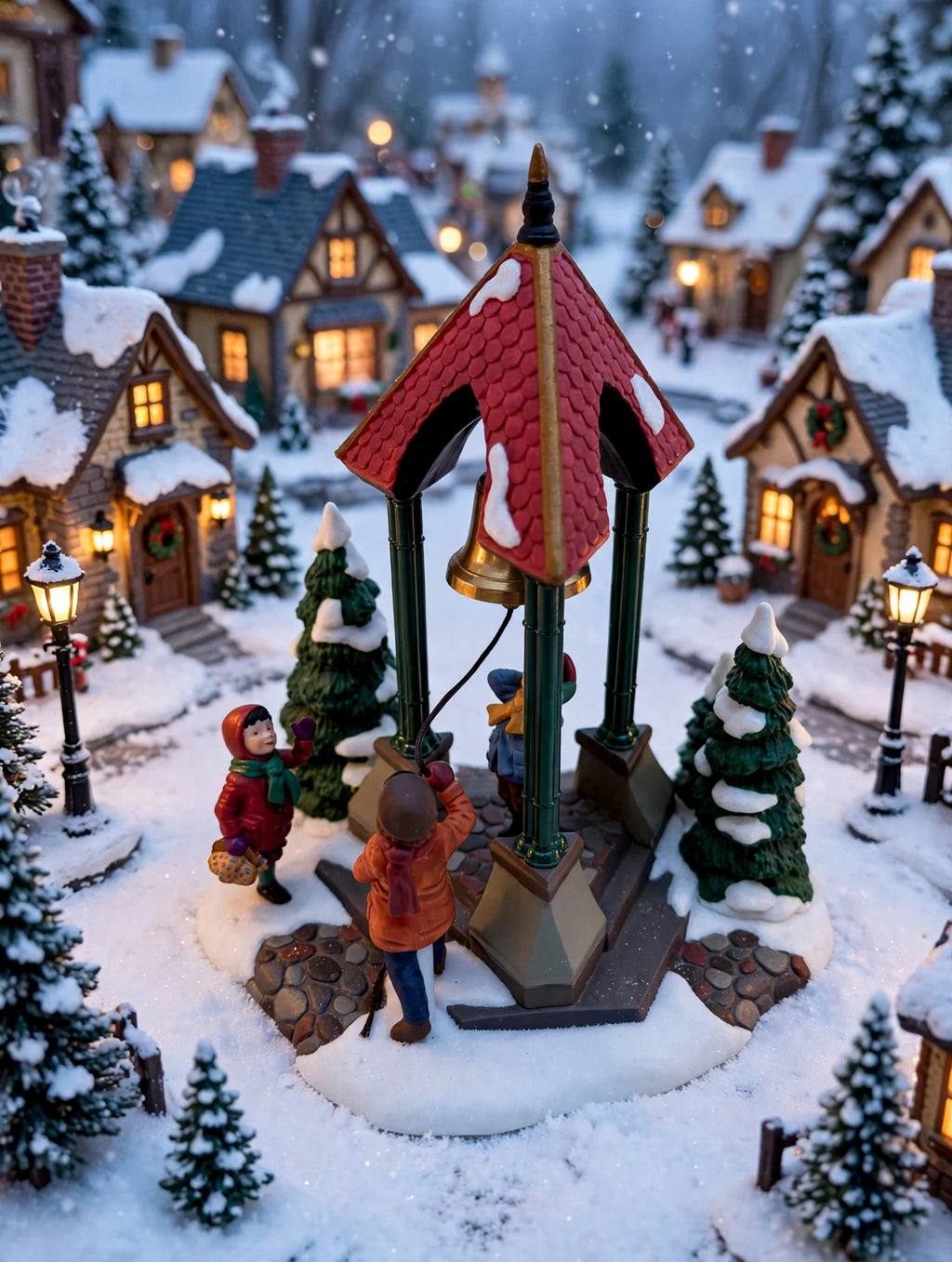 Department 56 Christmas Bells, 1996 Special Event Piece, Heritage Village Collection – shown in a snowy miniature village square at dusk (styled display inspiration)
