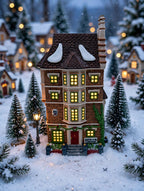Department 56 Nephew Fred's Flat, Dickens' Village, 1991 – shown in a snowy Christmas village display (styled display inspiration)
