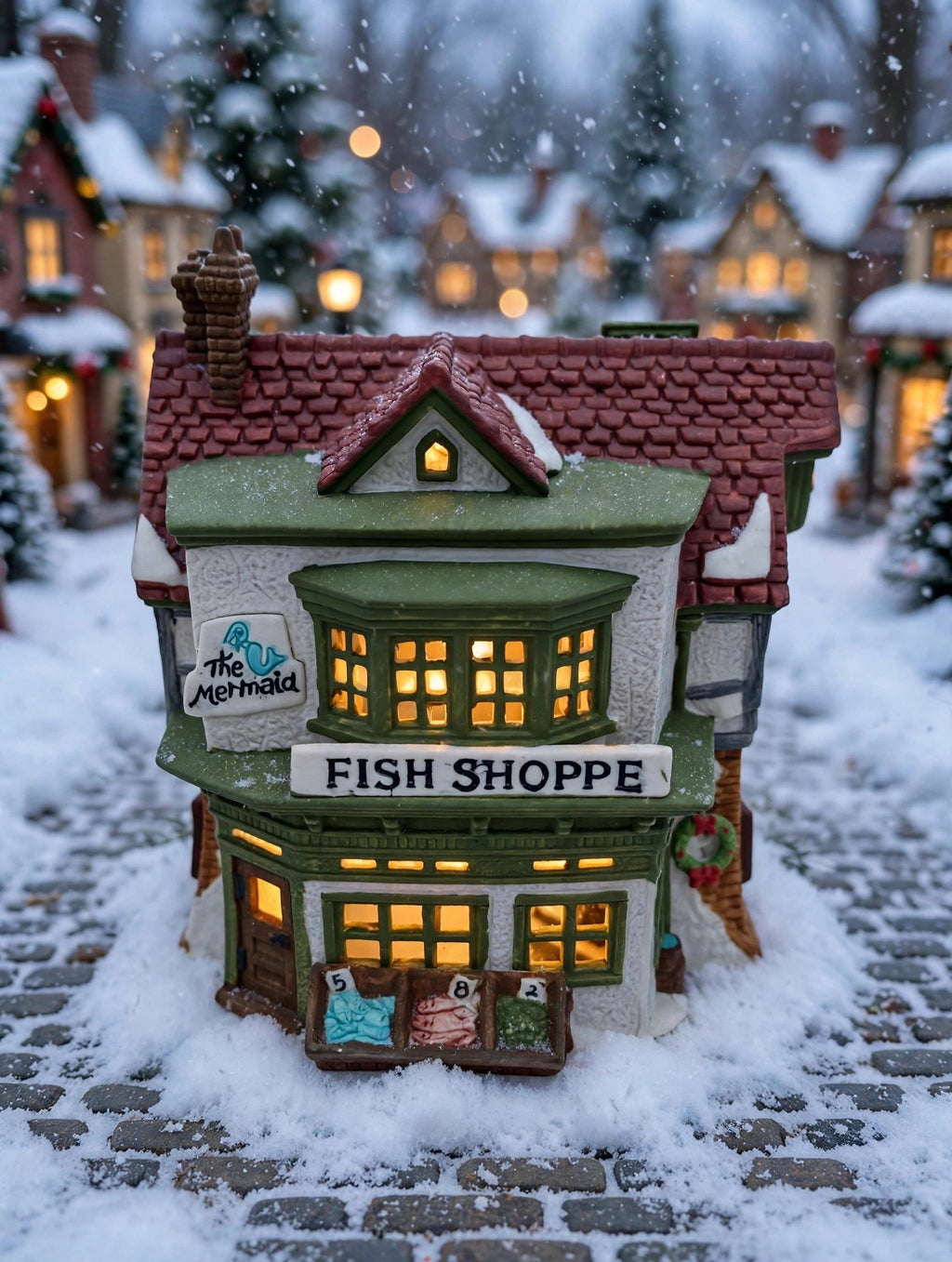 Department 56 Dickens' Village The Mermaid Fish Shoppe #5926-9 — styled scene: lit on a snowy Christmas village street (display inspiration)