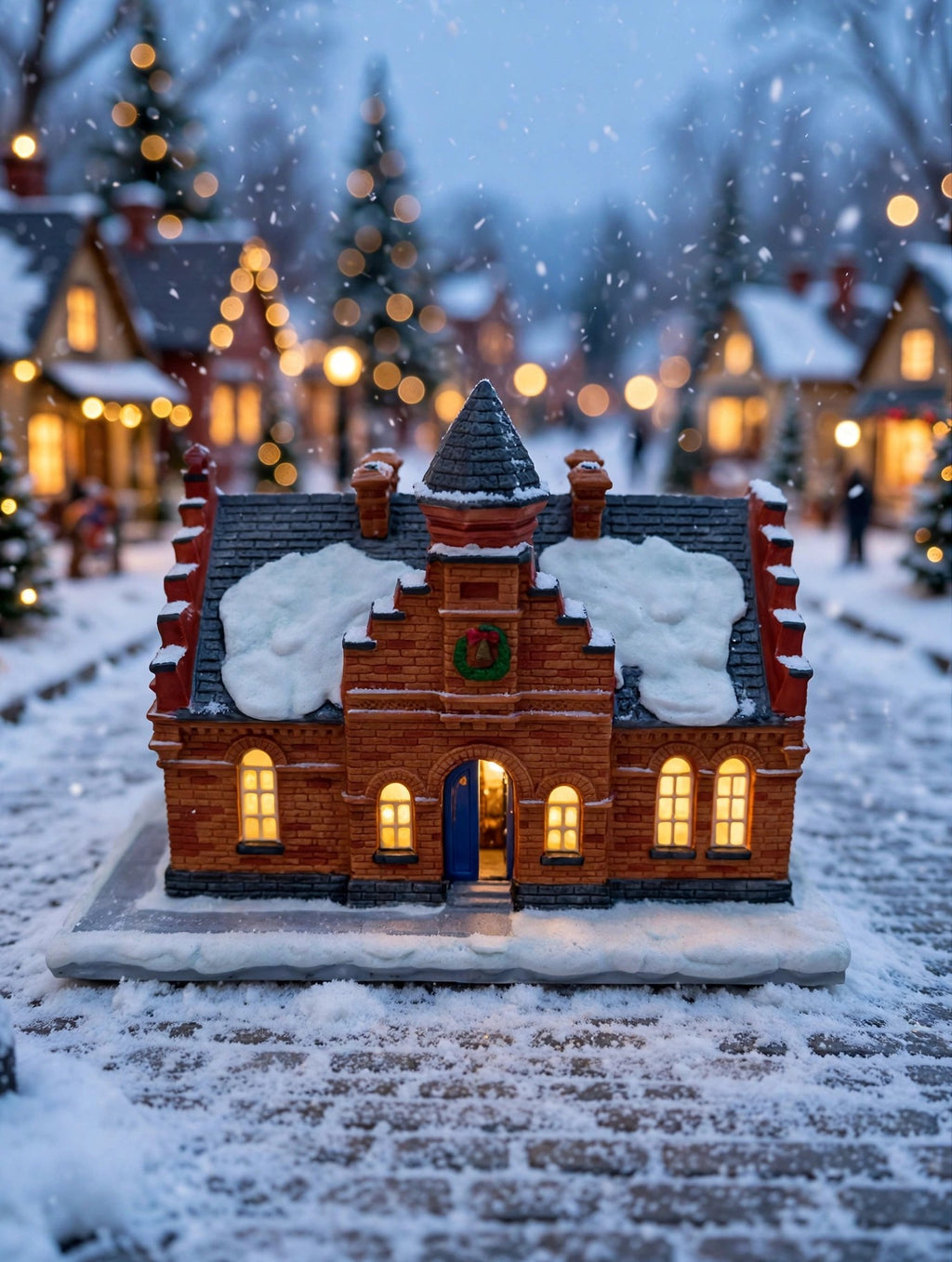 Hawthorne The Town Offices Norman Rockwell Christmas in Stockbridge 1993 — styled scene: lit on a snowy Christmas village street (display inspiration)
