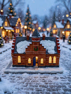 Hawthorne The Town Offices Norman Rockwell Christmas in Stockbridge 1993 — styled scene: lit on a snowy Christmas village street (display inspiration)