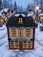 Department 56 M. Fezziwig Warehouse, Dickens' Village, 1986 – shown lit on a snowy Victorian village street at dusk (styled display inspiration)
