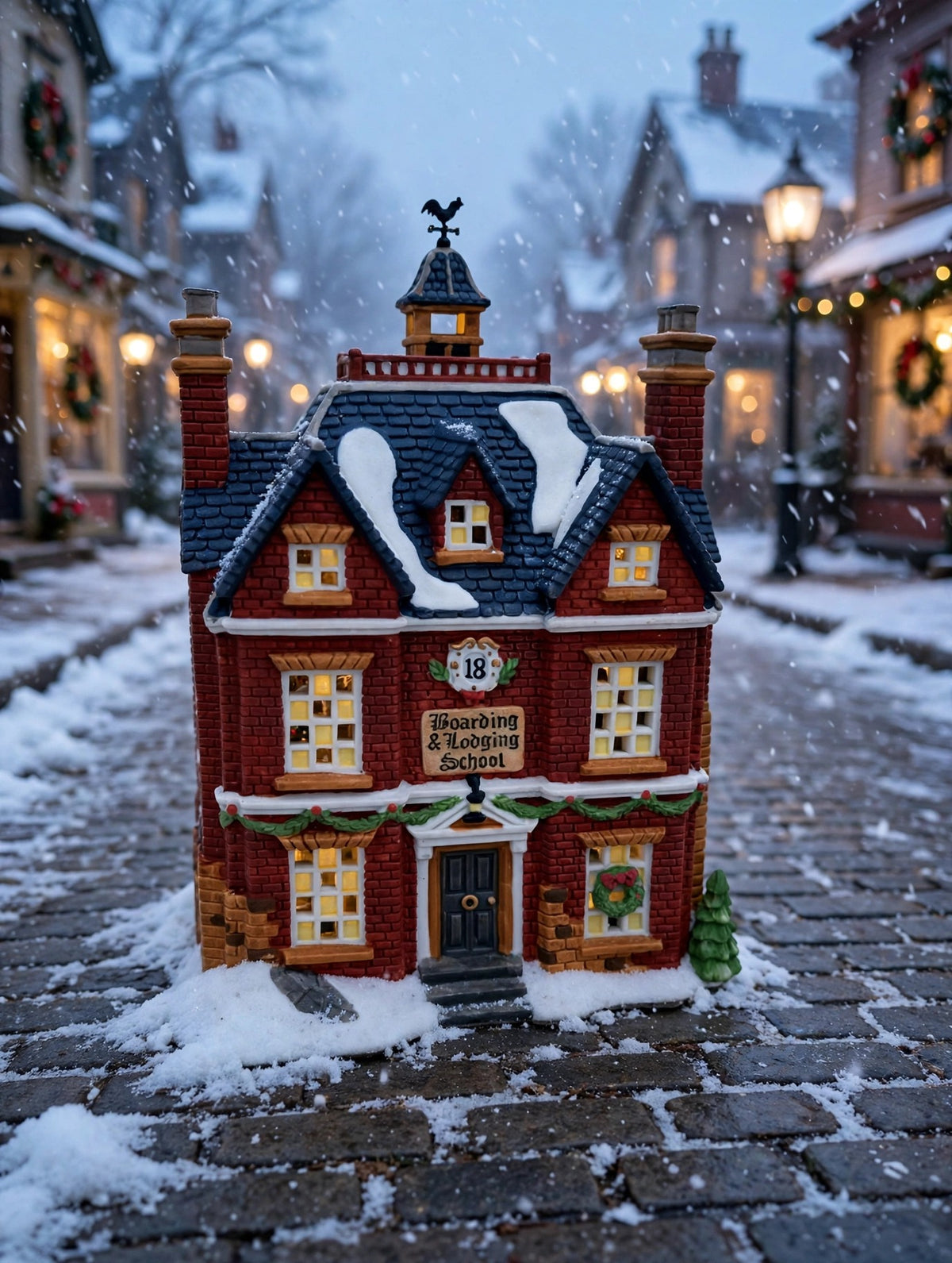 Department 56 Dickens' Village Boarding & Lodging School 1993 #5809-2 – 150th Anniversary of A Christmas Carol Commemorative Edition, No. 18 – styled display inspiration: the building in a snowy Dickens village street at dusk