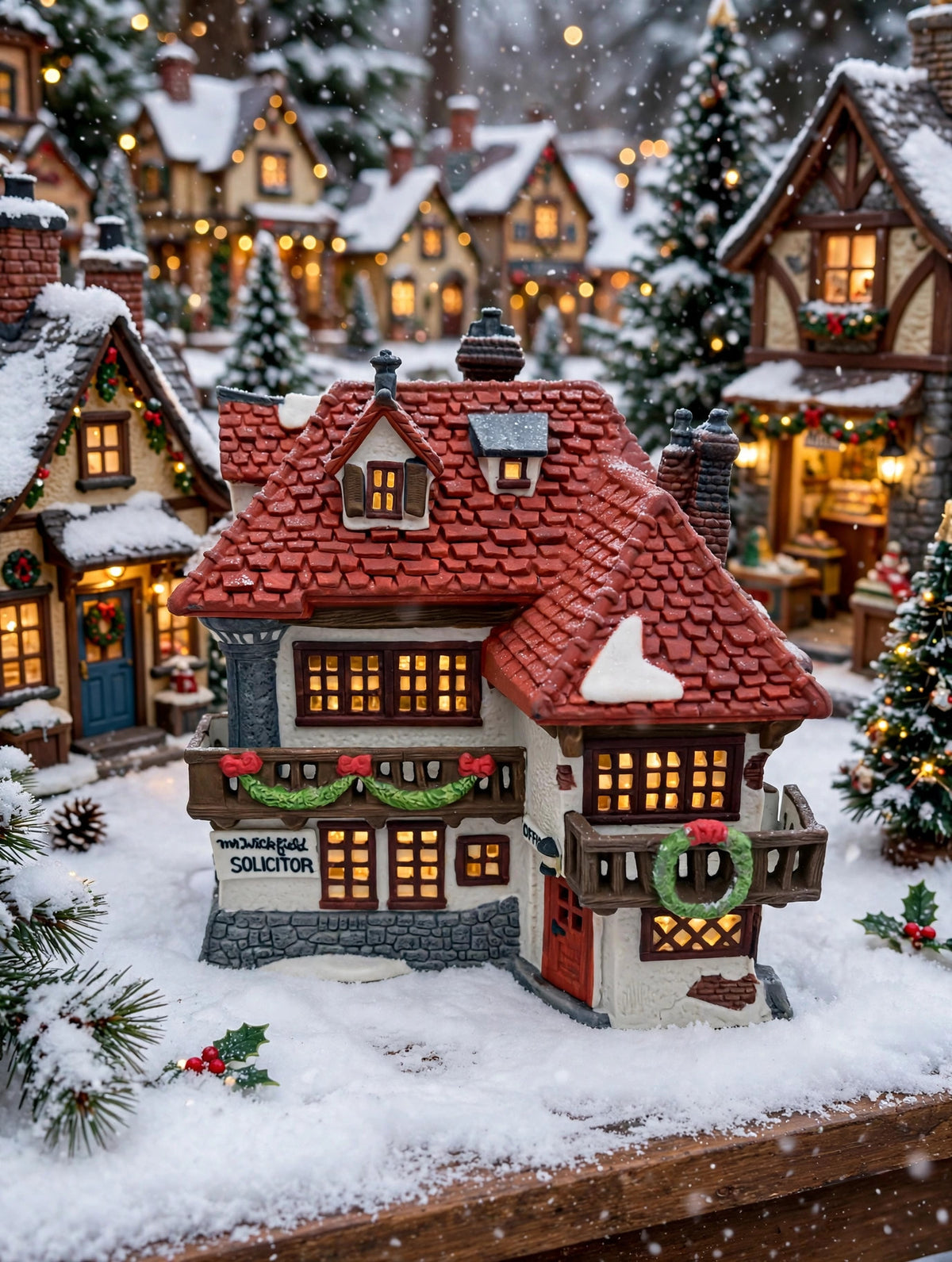 Department 56 Mr. Wickfield Solicitor, Dickens' Village, David Copperfield, 1989 – shown in a snowy Christmas village display (styled display inspiration)