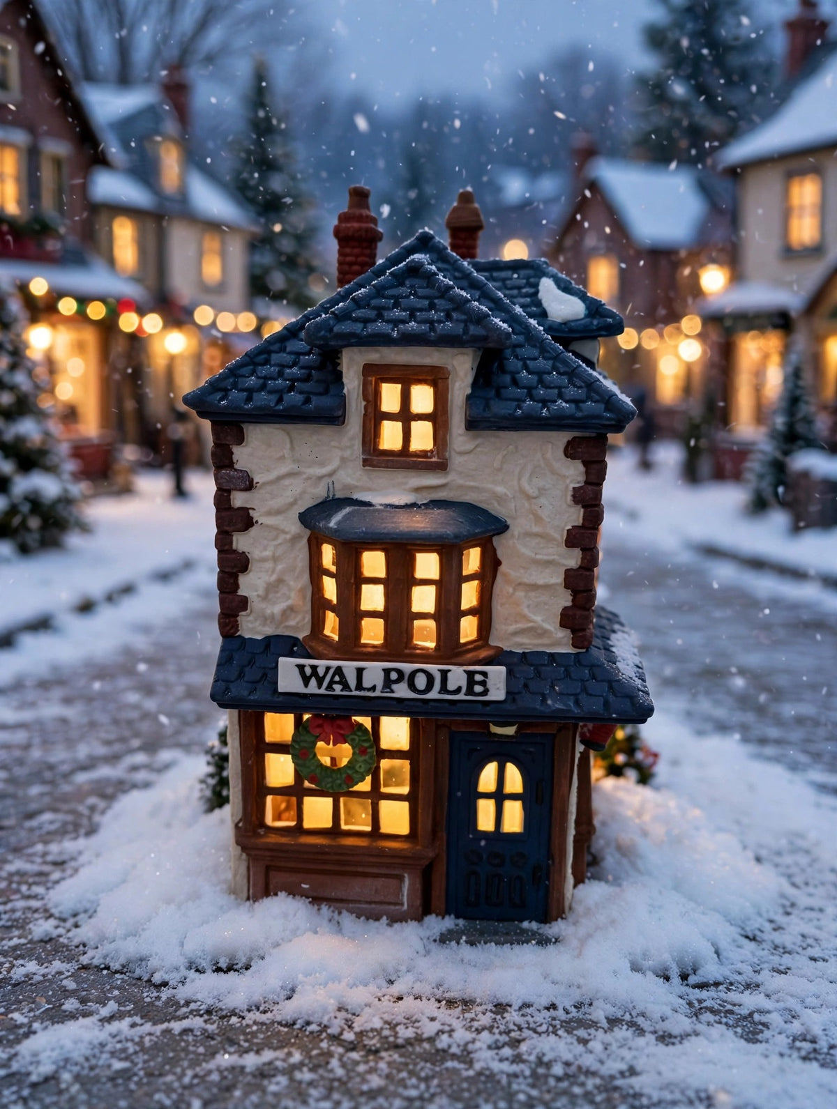 Department 56 Dickens' Village Walpole Tailors #5926-9 — styled scene: lit on a snowy Christmas village street (display inspiration)