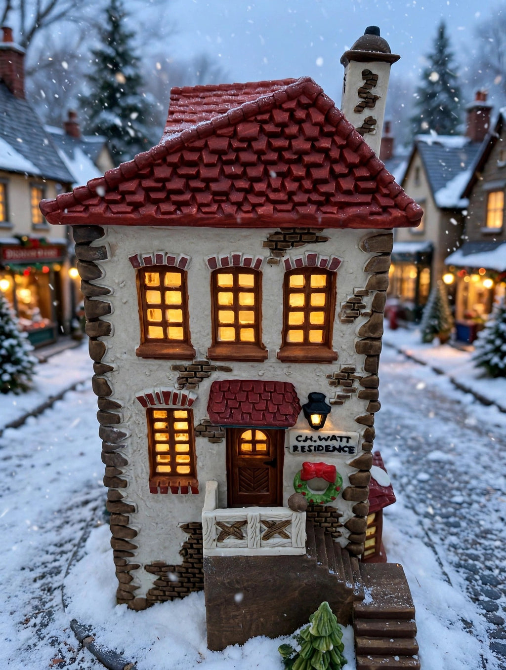 Department 56 Dickens' Village C. H. Watt Physician #5568-9 — styled scene: lit on a snowy Dickens Village street at dusk (display inspiration)