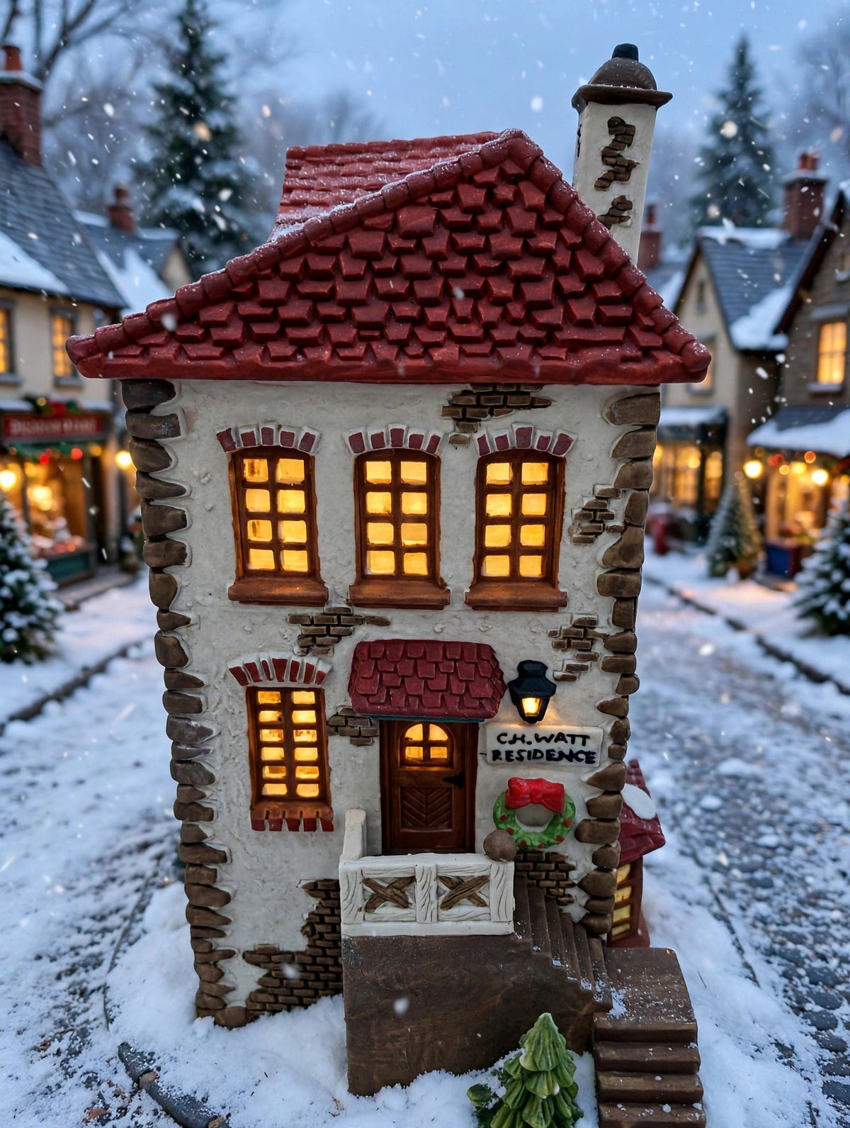 Department 56 Dickens' Village C. H. Watt Physician #5568-9 — styled scene: lit on a snowy Dickens Village street at dusk (display inspiration)