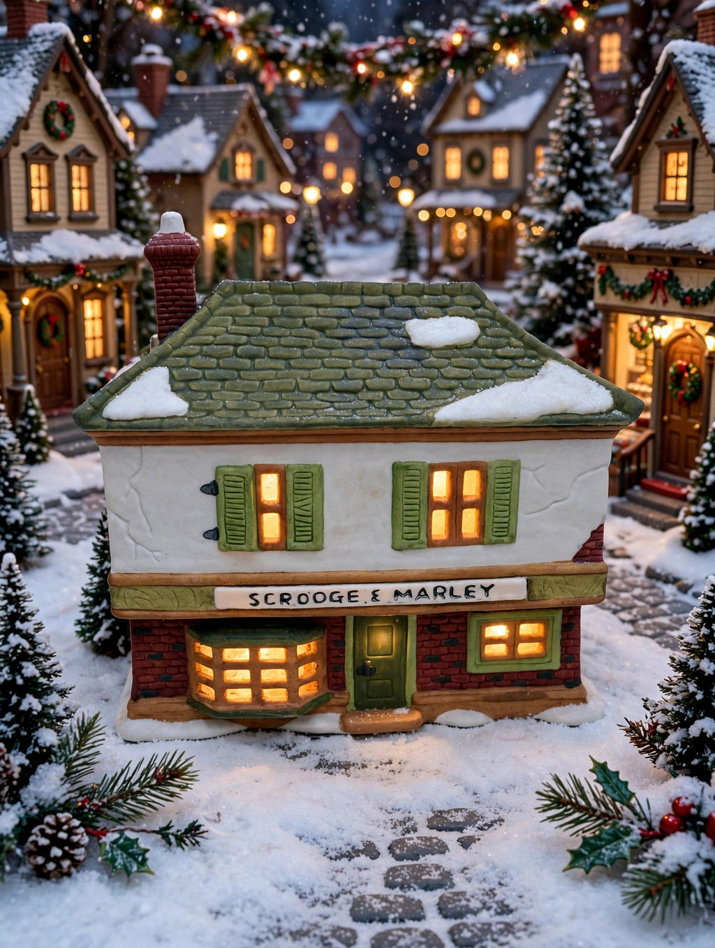 Department 56 Scrooge & Marley Counting House, Dickens' Village, 1986 – shown in a snowy Christmas village display (styled display inspiration)
