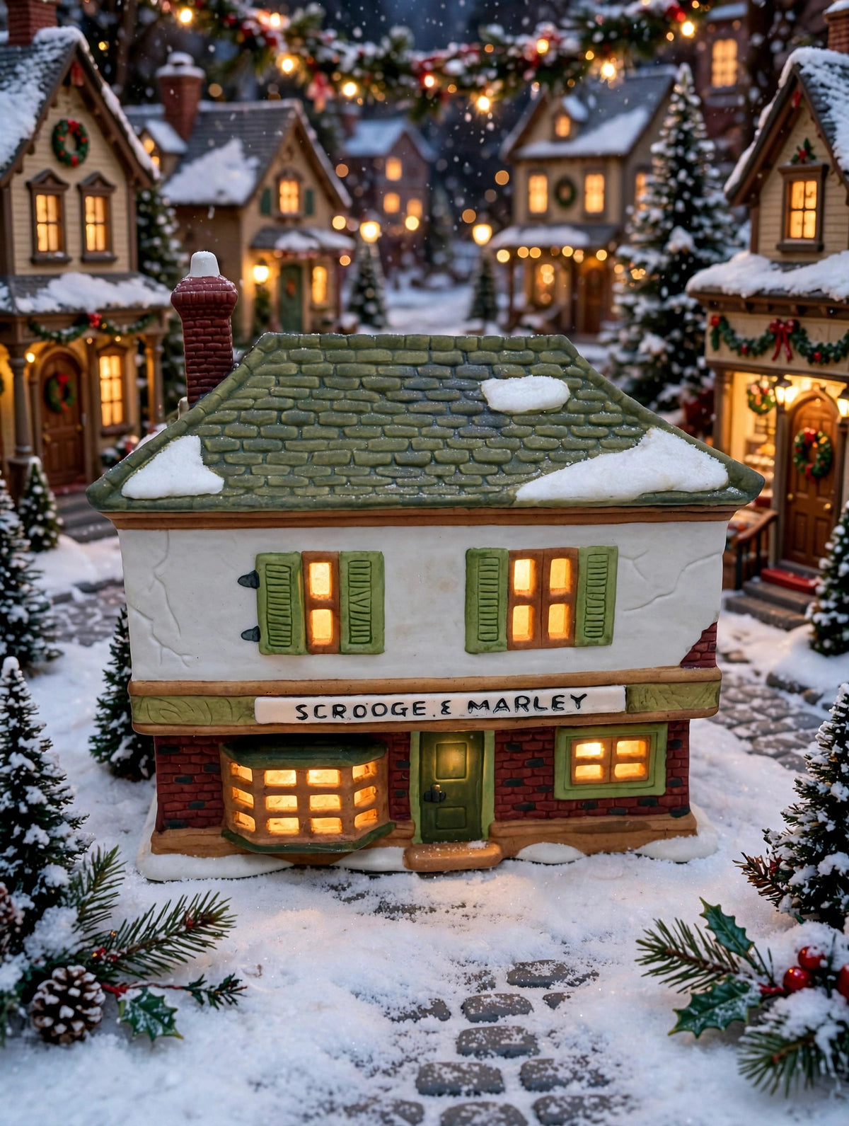 Department 56 Scrooge & Marley Counting House, Dickens' Village, 1986 – shown in a snowy Christmas village display (styled display inspiration)